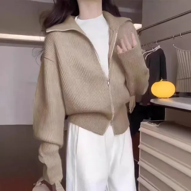 Style Design Double Zipper Knitted Cardigan Fashion Casual Jacket Camel - Shop at LoveMi