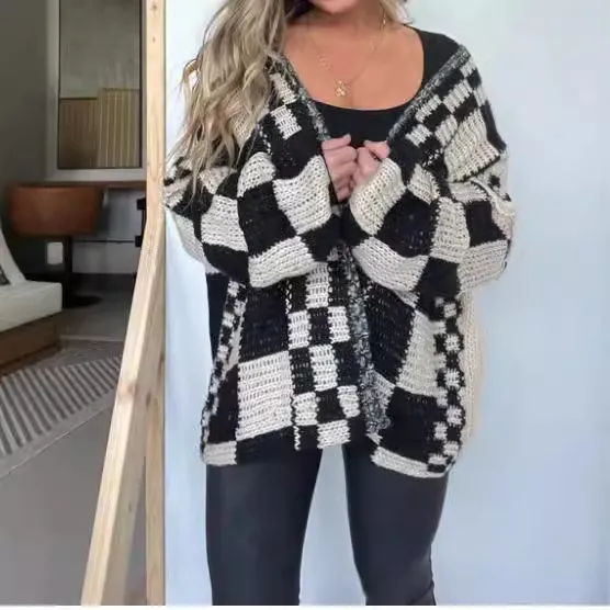Women's Oversized Drop-shoulder Plaid Cardigan Sweater - Black