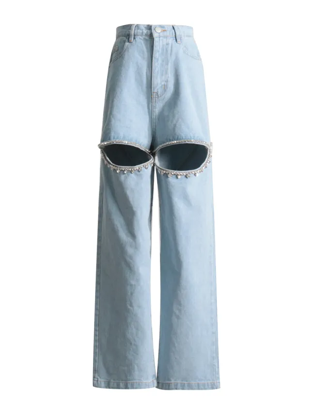Diamond Beaded Design Straight Mid waist Long Hollow Jeans Blue - Shop at LoveMi