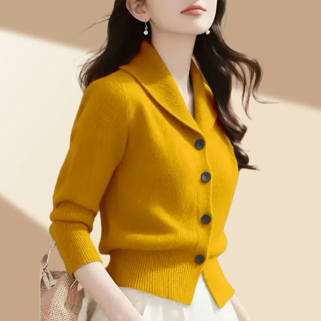 High end Fashion Simple Commute Long sleeved Button Cardigan Elegant Top Yellow - Shop at LoveMi