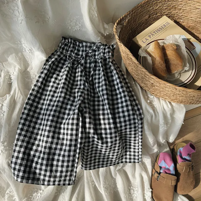Straight Plaid Wide Leg Cropped Pants Bud Shaped Waist Black Plaid - Shop at LoveMi