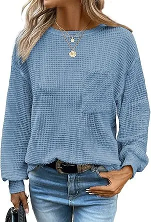 Women's Waffle Knit Top Long Sleeve Crew Neck Casual Blue - Shop at LoveMi