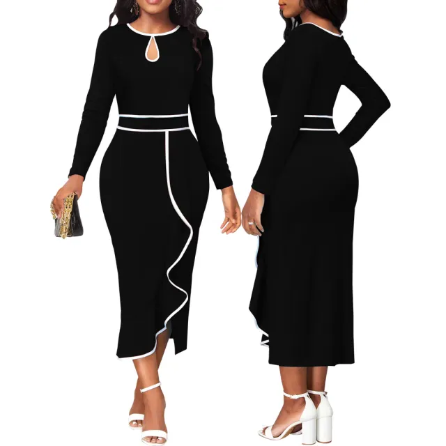 Lotus Leaf Women's Clothing Dress Long Sleeve Black - Shop at LoveMi