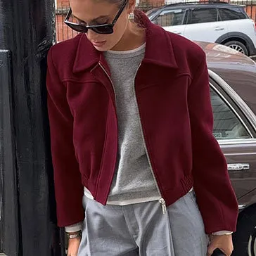 Retro Burgundy Wool Women's Short Casual Lapel Jacket - Wine