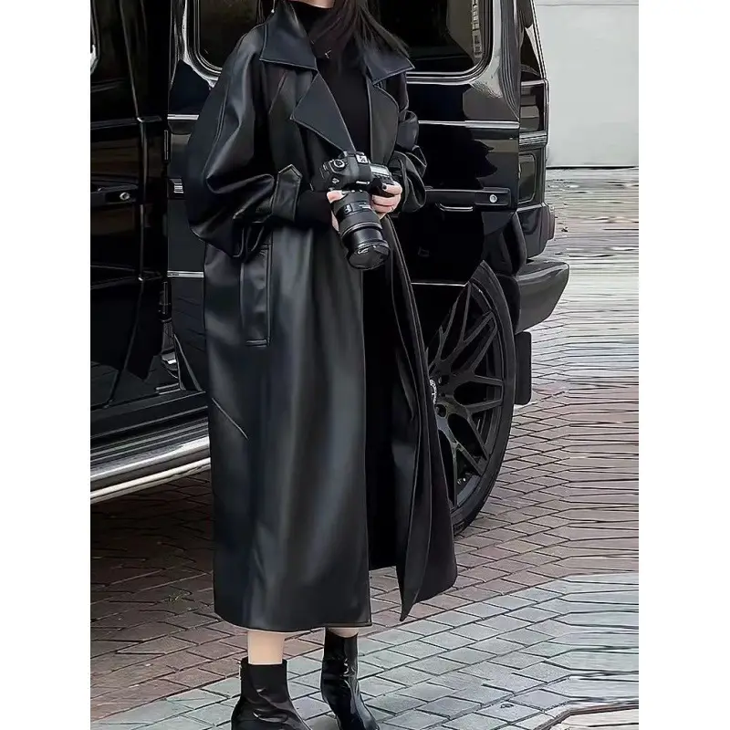 Women's Fashion Temperament Long Below The Knee Leather Coat