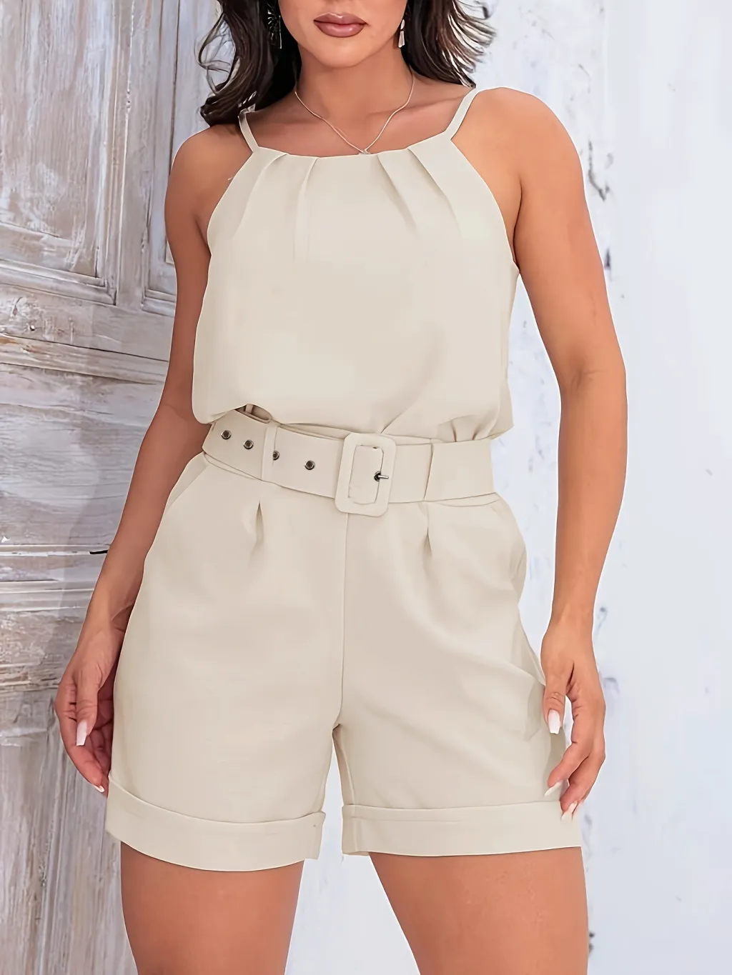 New Solid Color Pleated Pullover High Waist With Belt Hem Shorts Fashion Suspenders Women's Suit - Apricot