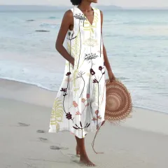 V-neck Temperament Commute Trendy Dress Loose Waist Multi-color - Printing 5-Xl - View 1