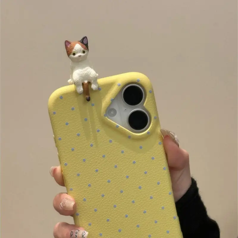 Cute Polka-dot Cat Phone Case In Solid Colors New