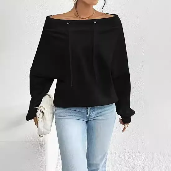 Women's Loose Solid Color Casual Drawstring Off the shoulder Off shoulder Top Black - Shop at LoveMi