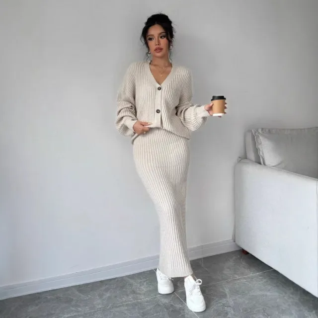 2 piece Set Women's Solid Color Casual Long Sleeves Sweater And Skirt Apricot - Shop at LoveMi