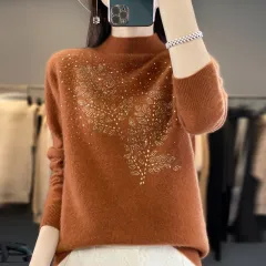 Women's Loose And Versatile Semi High Neck Knitted Sweater - Caramel Colour-L - View 1
