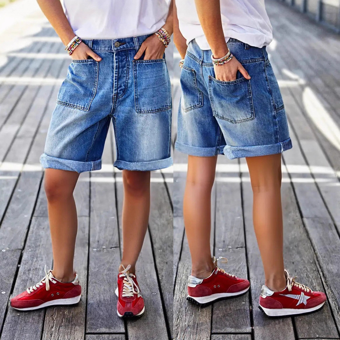 Mid-rise Bermuda Straight-leg Pants Stretchy Womens Denim Shorts