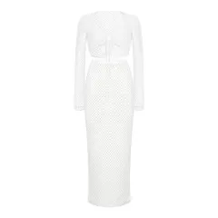 Lace Mesh Long Sleeve Narrow Casual Knitted Maxi Dress Suit - White - View 1