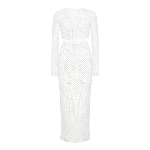 Lace Mesh Long Sleeve Narrow Casual Knitted Maxi Dress Suit White - Shop at LoveMi