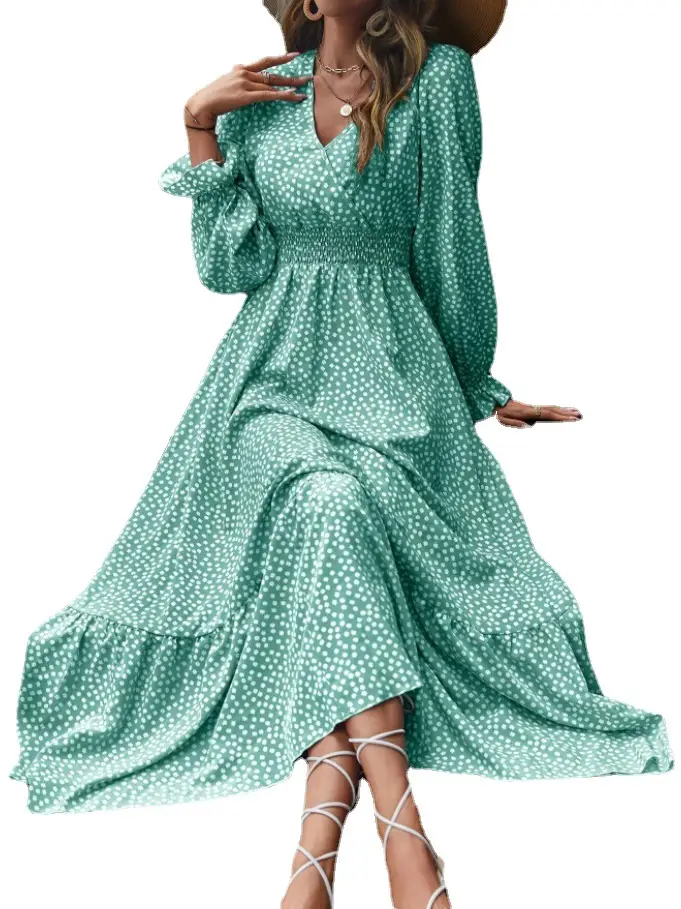 Floral V-Neck Maxi Dress with Long Sleeves and Smocked Waist