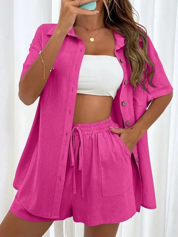 Womens Fashion Casual Shirt And Shorts Set Rose - Shop at LoveMi