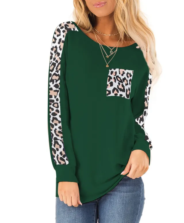 Long Sleeve Leopard Splicing Top Pocket Round Neck Pullover Green - Shop at LoveMi