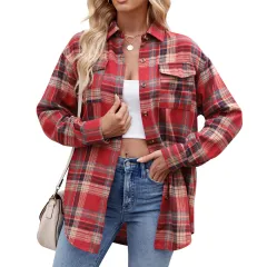 Casual Fashion Loose Plaid Pocket Shirt For Women - Red Khaki Colour - View 1
