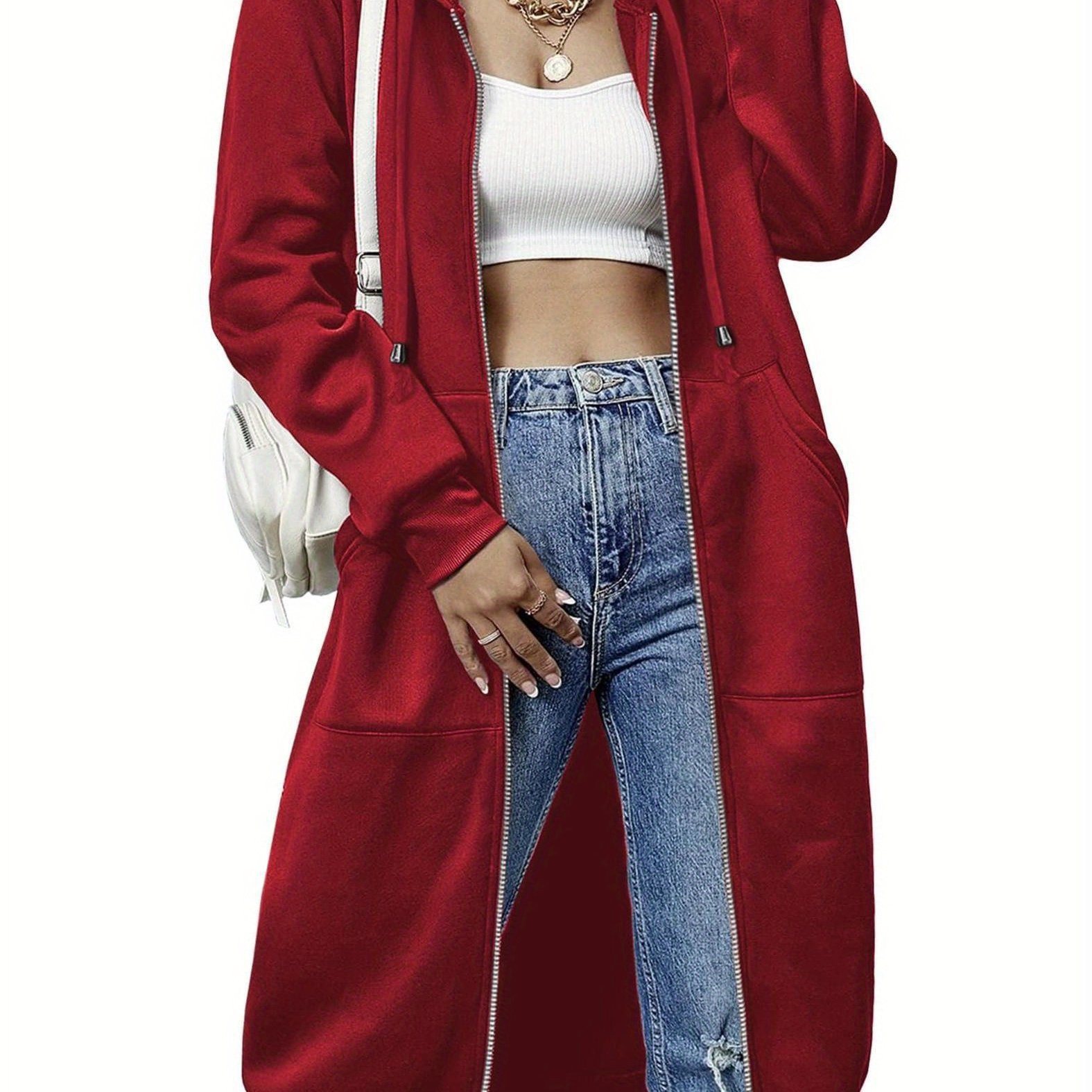 Women'S Casual Long Zip Hoodie Sweatshirt With Drawstring H Dark Reda - Shop at LoveMi