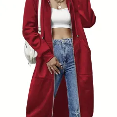 Women'S Casual Long Zip Hoodie Sweatshirt With Drawstring H - Dark Reda - View 1