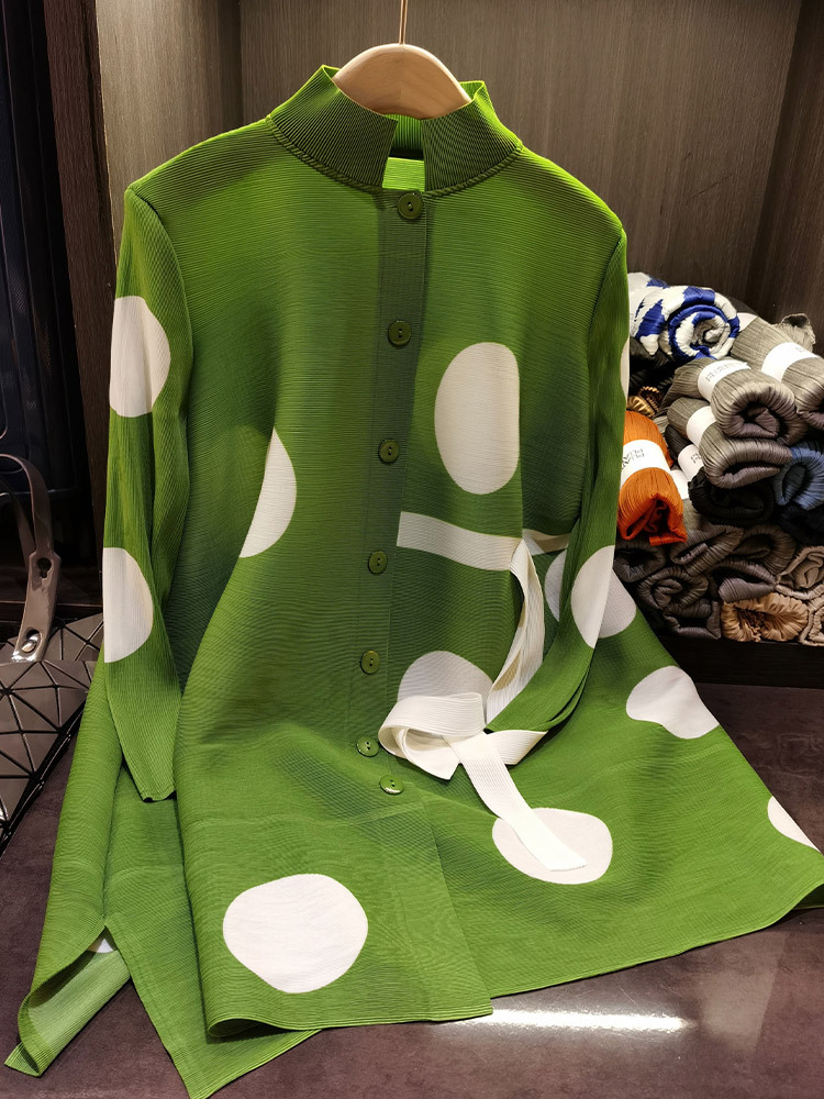 Stand Collar Polka-dot Loose-fitting Plus Size Pleated Dress Women