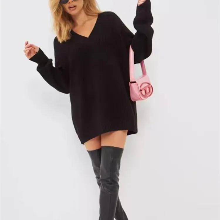 Russian V-neck Loose Solid Colour Pullover Sweater - Black