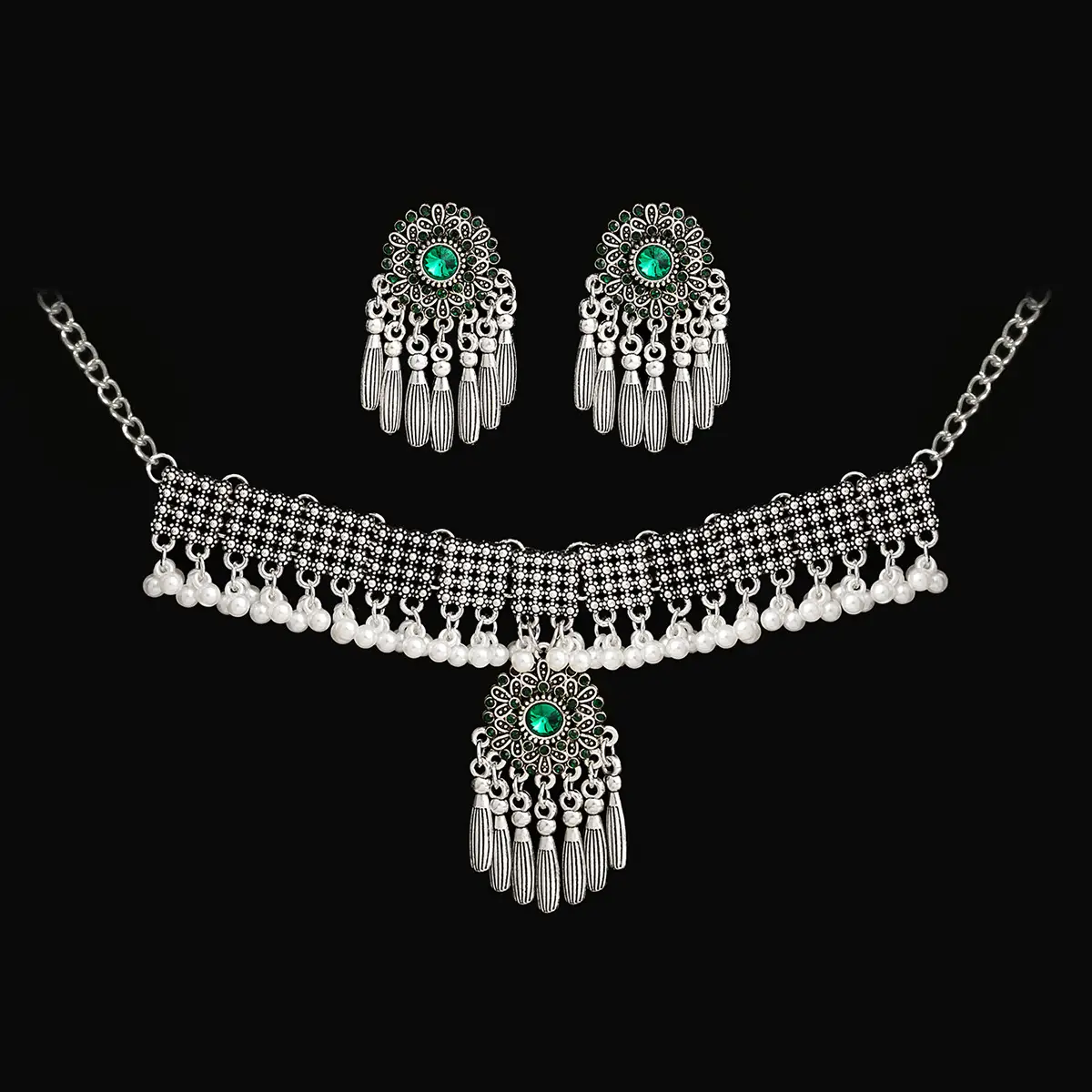 Retro Court French Pearl Water Drop Metal Necklace And Earrings Suite