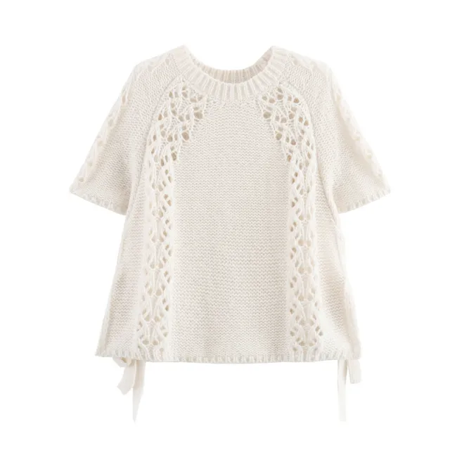 Women's Spring And Autumn Hollow Solid Color Sweater With Short Sleeves White - Shop at LoveMi