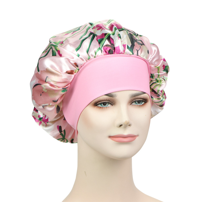 New Satin Print Nightcap Wide-brimmed Elastic Shower Cap - Image 5