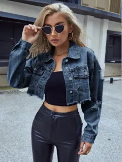 European And American Leisure All-matching Short Fashion Denim Jacket - Dark Blue - View 1