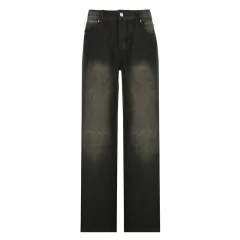 Textured Fabric Washed Loose Slimming Jeans Distressed Low Waist Pocket Trousers - Black - View 1