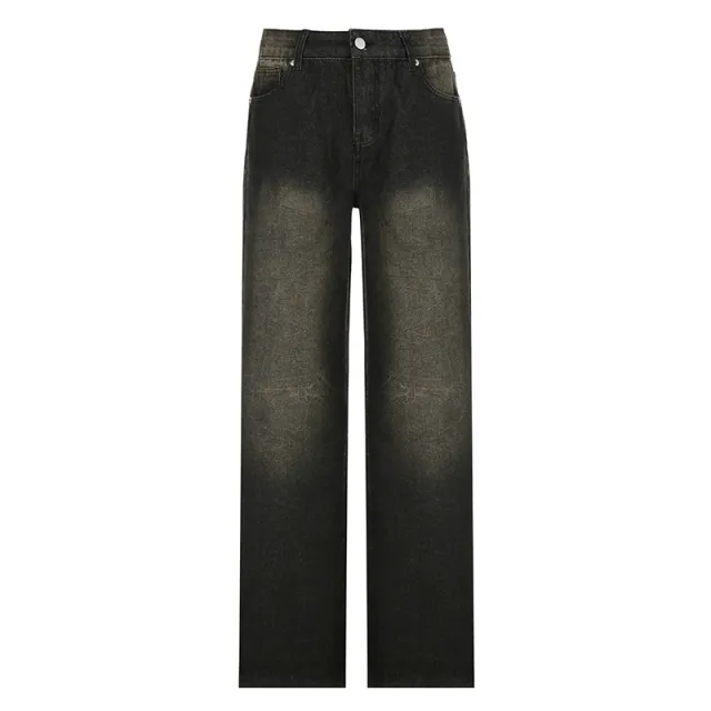 Textured Fabric Washed Loose Slimming Jeans Distressed Low Waist Pocket Trousers Black - Shop at LoveMi