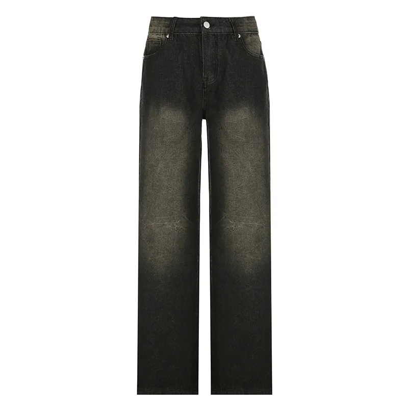 Textured Fabric Washed Loose Slimming Jeans Distressed Low Waist Pocket Trousers - Black