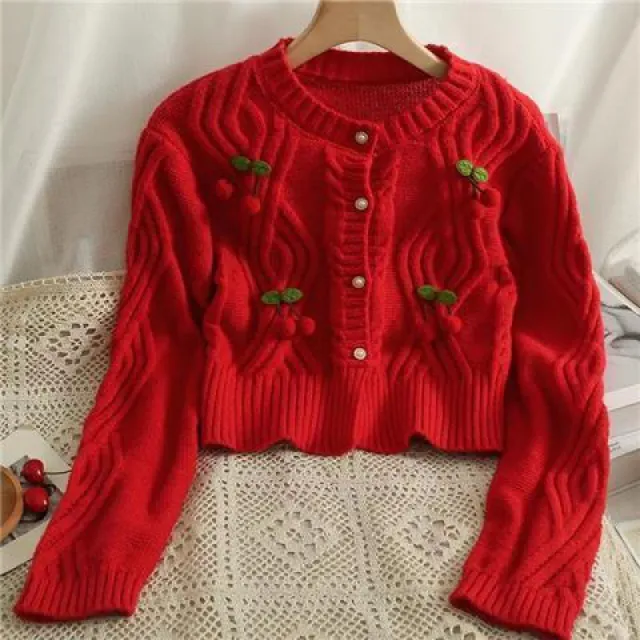 Coat Women's Sweet Loose Short Cable knit Sweater Cardigan Red - Shop at LoveMi