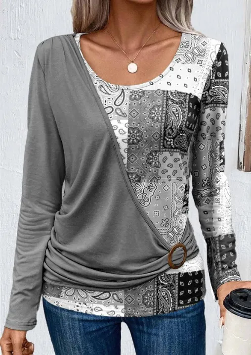 Printed Solid Color Stitching Casual Long Sleeve Shirt Gray - Shop at LoveMi
