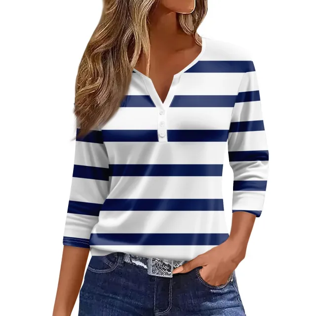 Women's T shirt V neck Three button Printed Short sleeved Top 1Color Xl - Shop at LoveMi