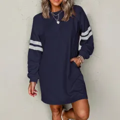 European And American Leisure Loose All-match Round Neck Dress - Navy Blue - View 1