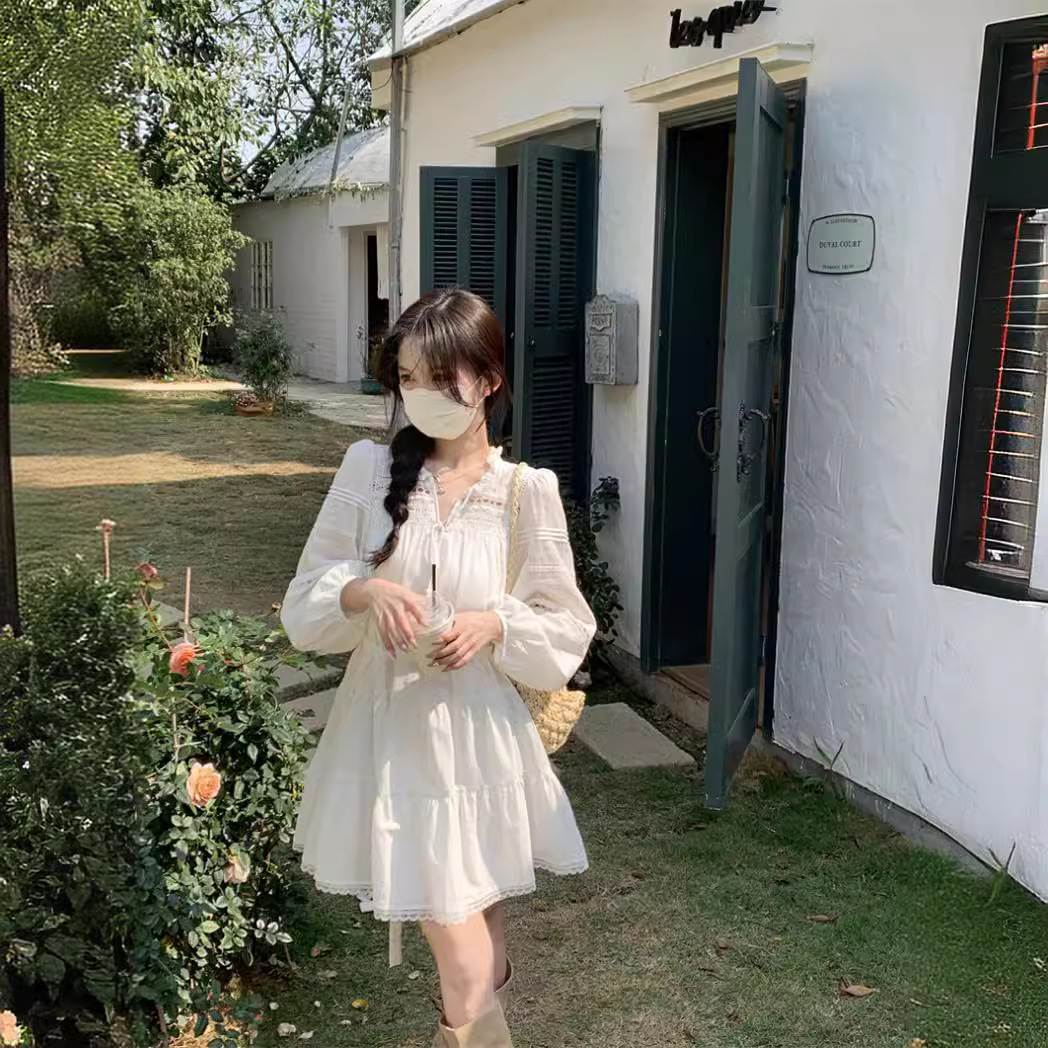 Cutout French-style Long-sleeve Dress For Women
