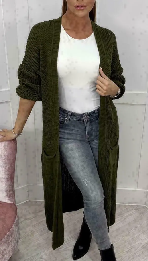 Solid Color Knitwear Pocket Cardigan Mid length Sweater Women's Coat Army Green - Shop at LoveMi