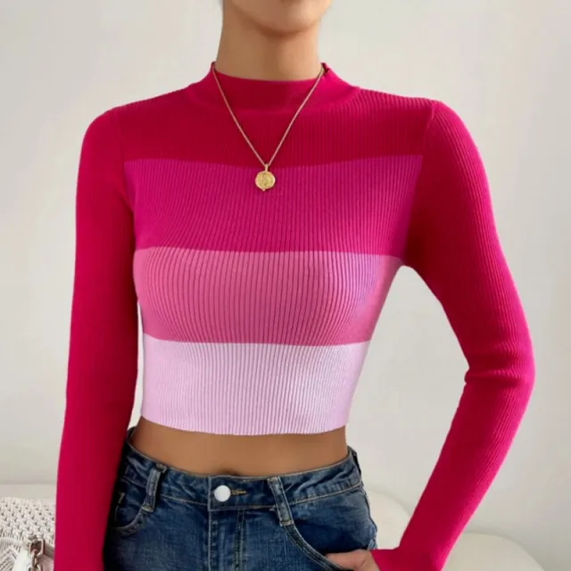 Women's Midriff baring Sweater Striped Slim fit Pullover Sweater Pink - Shop at LoveMi
