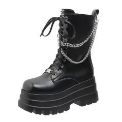 Women's Fashion Muffin Bottom Chain Mid-calf Martin Boots - Black - View 1