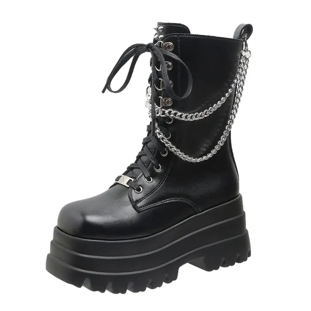 Women's Fashion Muffin Bottom Chain Mid calf Martin Boots Black - Shop at LoveMi