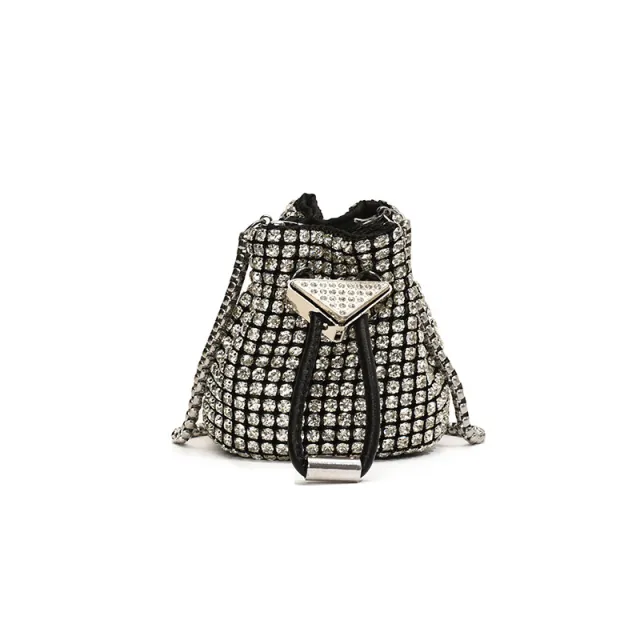 Fashionable Rhinestone Western style Single Shoulder Chain Drawstring Bucket Bag Silver - Shop at LoveMi