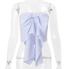 College Sweet Big Bow Short Striped Tube Top Vest - Blue - View 1