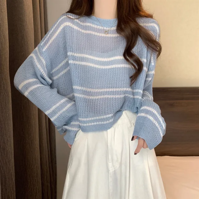 Striped Thin Sweater Loose Hollow out Short Top Blue - Shop at LoveMi