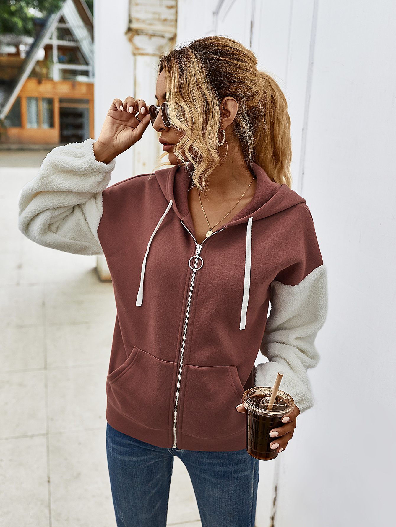 Title 16, Contrast patchwork hooded long-sleeved casual j...