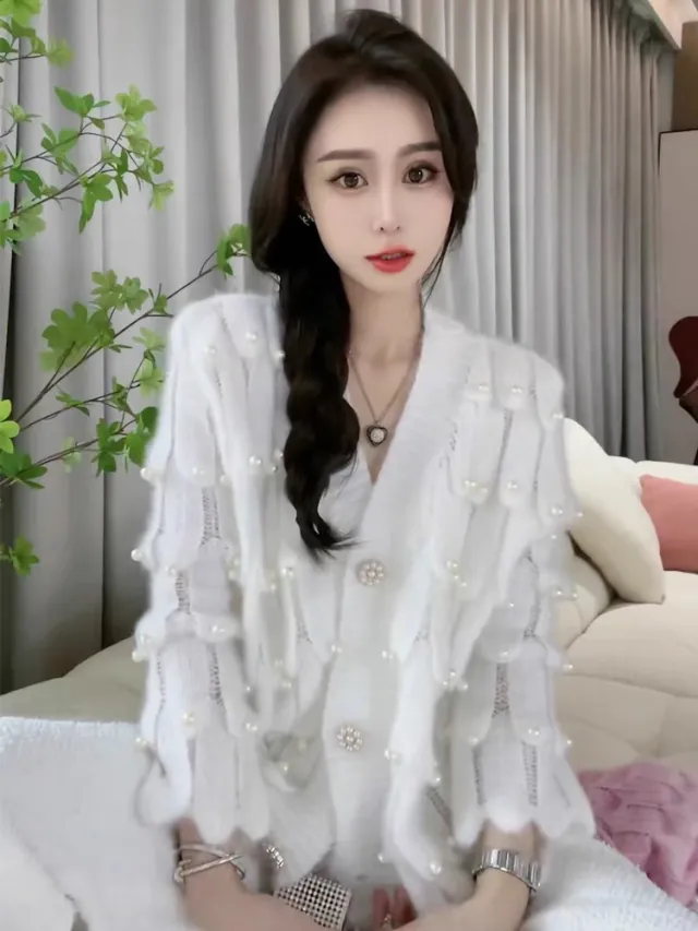French Minority Heavy Industry Beads V neck Sweater For Women White - Shop at LoveMi