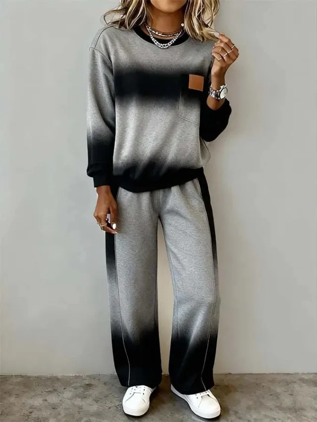 Women's Top With Slit Long Sleeve Round Neck Casual Solid Color Set Black - Shop at LoveMi