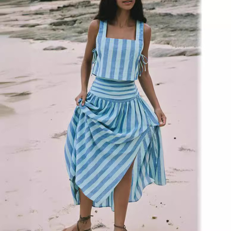 Blue Striped Retro Elegant Slimming A- Line Vacation Style Large Swing Skirt