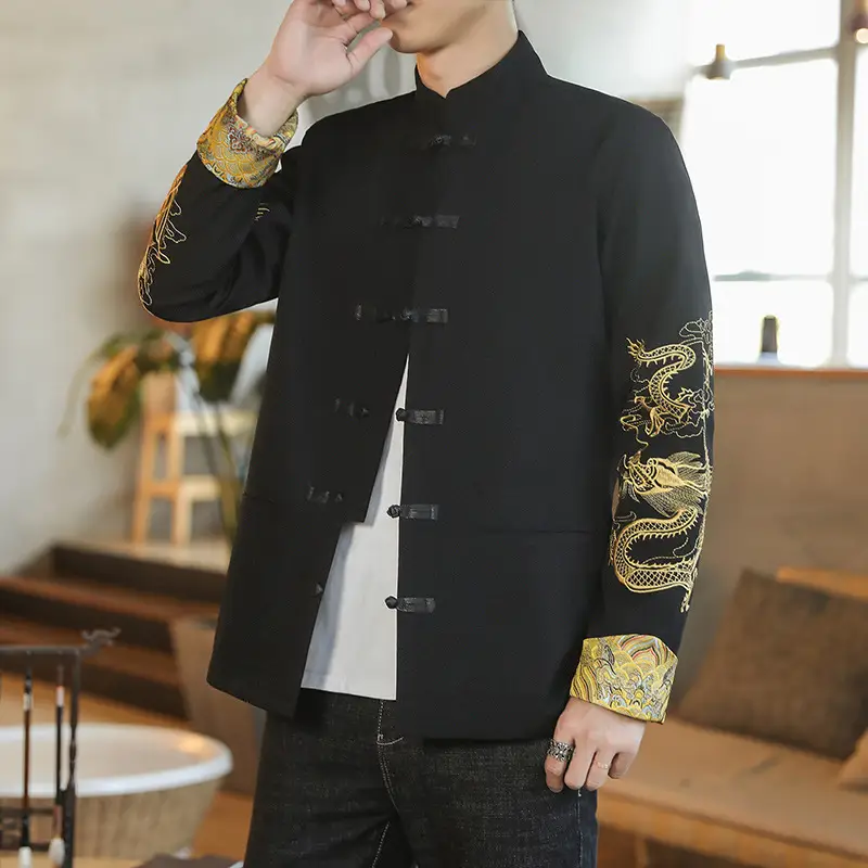 Chinese Style Men's Fashion Wear Jacket Stand Collar Buckle Turned Cuff Dragon And Phoenix Embroidery